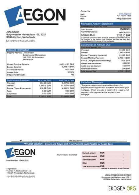 Modèle Word et PDF de relevé hypothécaire de la Banque Aegon des Pays , Bas
